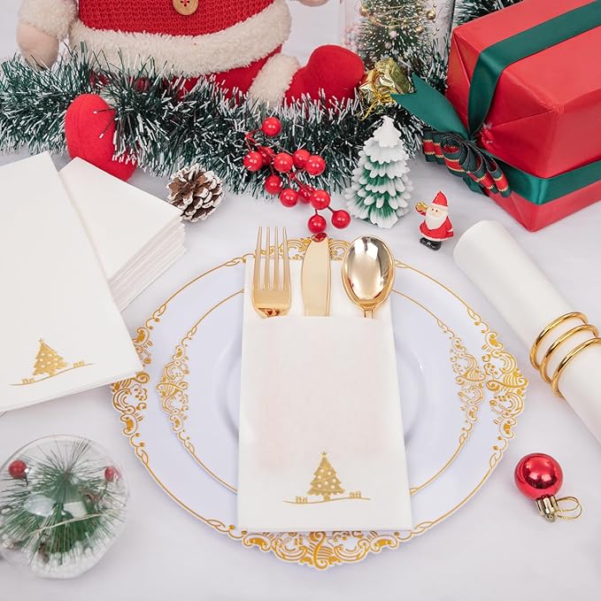 100PCS Christmas Napkins Disposable - Gold Paper Napkins with Built-in Flatware Pocket Prefolded Cloth Like - Heavy-duty Linen-Feel Dinner Napkins for Christmas & Party