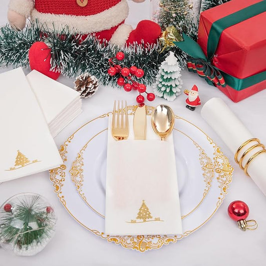 100PCS Christmas Napkins Disposable - Gold Paper Napkins with Built-in Flatware Pocket Prefolded Cloth Like - Heavy-duty Linen-Feel Dinner Napkins for Christmas & Party