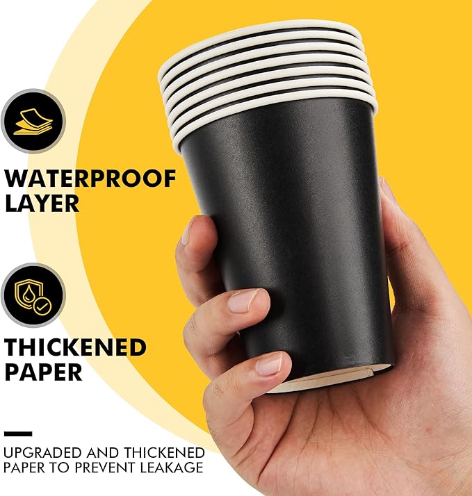 RACETOP 50 Pack 12 oz Coffee Cups with Lids, Black Disposable Coffee Cups with Lids, Sleeves and Stirring Sticks, Hot Paper Coffee Cup 14 oz for Hot Drinks, Parties, Picnic, Travel, and Events