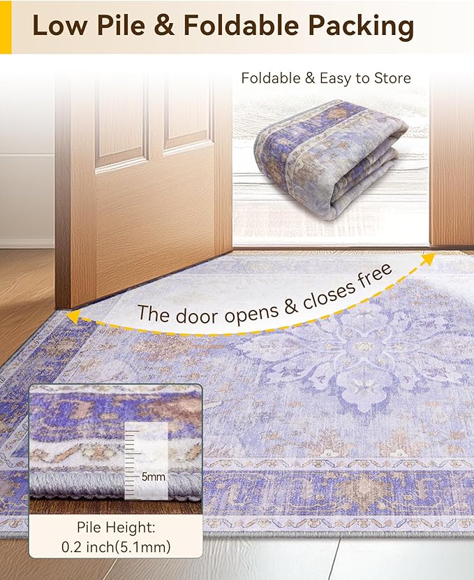 Area Rugs 6ft Washable Non-Slip, Floral Vintage Distress Print Pattern Medallion Carpet for Living Room Bedroom Dining Room, Light Purple Brown