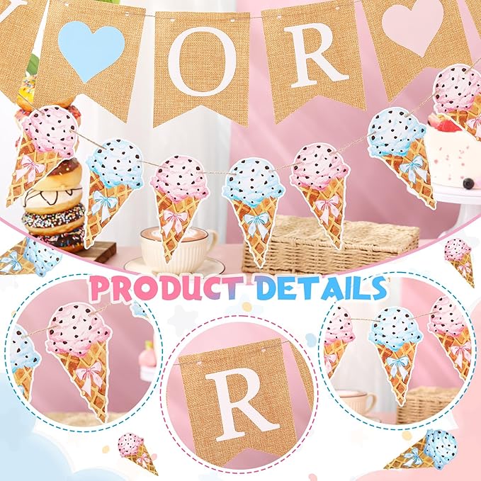 2 Pcs Gender Reveal Party Decorations Pre-strung Boy or Girl Burlap Baby Shower Banner and Ice Cream Cone Banner for Gender Reveal Birthday Baby Shower Party Decorations