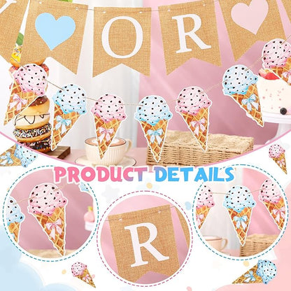 2 Pcs Gender Reveal Party Decorations Pre-strung Boy or Girl Burlap Baby Shower Banner and Ice Cream Cone Banner for Gender Reveal Birthday Baby Shower Party Decorations