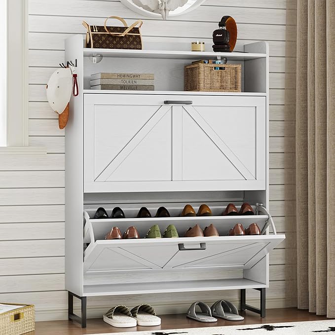 Shoe Cabinet with 2 Flip Drawers Narrow Shoe Storage Cabinet Organizer Wooden Freestanding Shoe Rack Hidden Slim Shoes Storage Cabinet for Entryway, Hallway, Bedroom