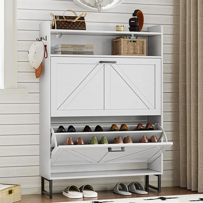 Shoe Cabinet with 2 Flip Drawers Narrow Shoe Storage Cabinet Organizer Wooden Freestanding Shoe Rack Hidden Slim Shoes Storage Cabinet for Entryway, Hallway, Bedroom
