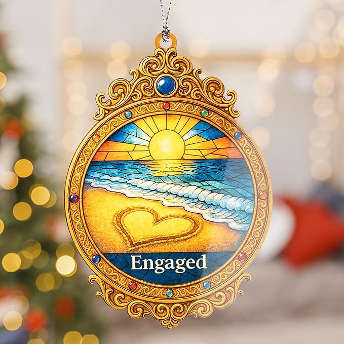 Engaged Ornament 2025 – Beach Sunset Heart Design - Engagement Gift Keepsake for Bride and Groom – Beach Engagement Decor- White Elephant Gifts - Xmas Tree Funny Decoration Mirror
