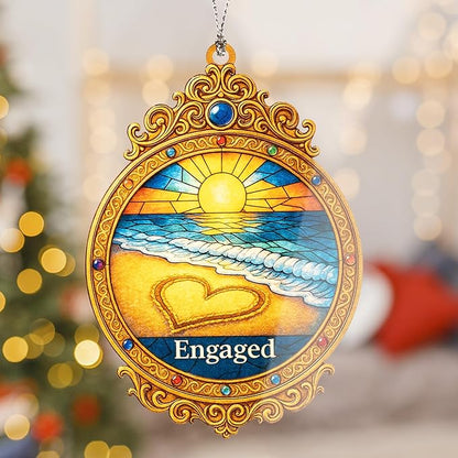 Engaged Ornament 2025 – Beach Sunset Heart Design - Engagement Gift Keepsake for Bride and Groom – Beach Engagement Decor- White Elephant Gifts - Xmas Tree Funny Decoration Mirror