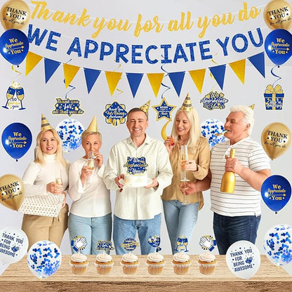 DARUNAXY Blue Gold We Appreciate You Decorations, Thank You All You Do Banner Hanging Swirl Confetti Balloons for Retirement Office Coworker Staff Teachers Nurse Appreciation Gifts Party Supply