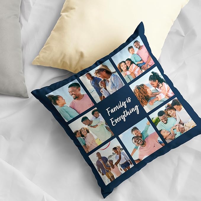 Custom 8 Photo Pillow Cover 16x16 Inch – Personalized Collage Picture Pillow with Optional Text, Custom Throw Pillowcase with Eight Photos, Optional Colors, Photo Gift for Family, Friends, Couples