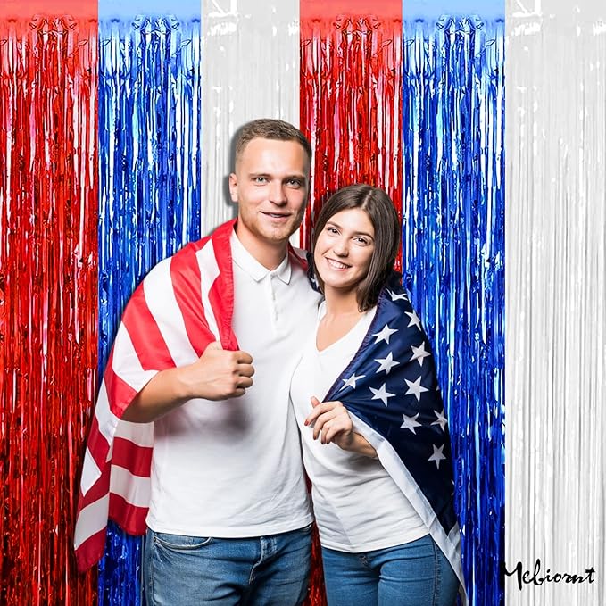 4 Pack 3.2Ft x 8.2Ft Independence Day Fringe Curtain Backdrop, Red Blue White Metallic Tinsel Foil Fringe Streamers Curtains Background for Photo Booth Birthday Wedding Carnival Party Decoration