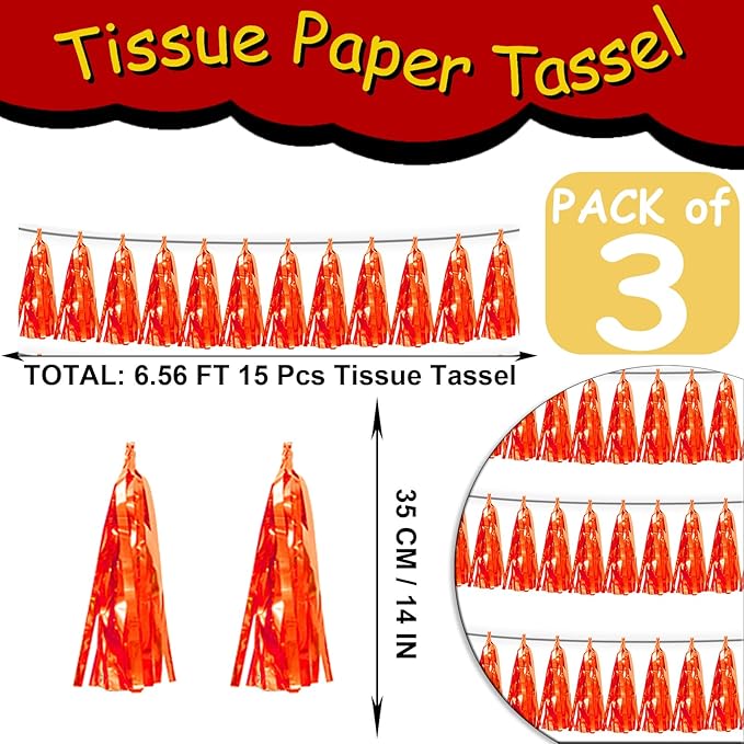 3P Orange Tassel Banner Garland Metallic Foil Fringe Banner Tinsel Tassels Streamer Banner Backdrop for Parade Floats, Graduation Decorations, Father's Day, Fall, Thanksgiving Party Decoration