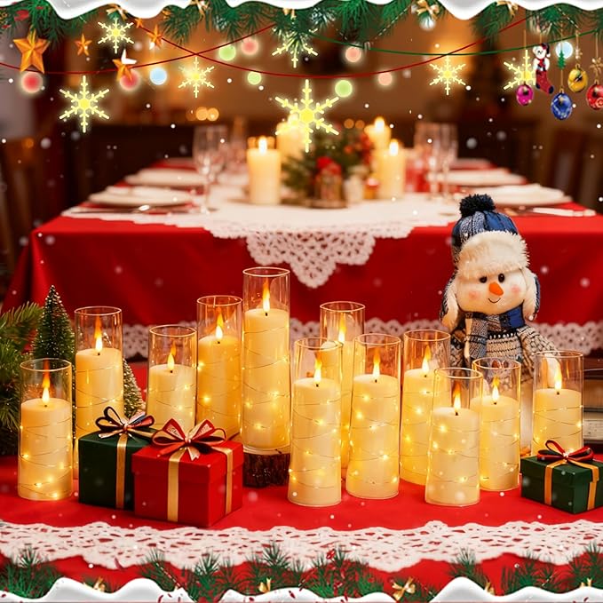 Flameless Candles with Embedded Star String - Battery Operated LED Candles, with Remote,12 Ivory Flickering Candles for Christmas, Weddings, Home Decor & Party,(D 2.3"×H 5" 6" 7")