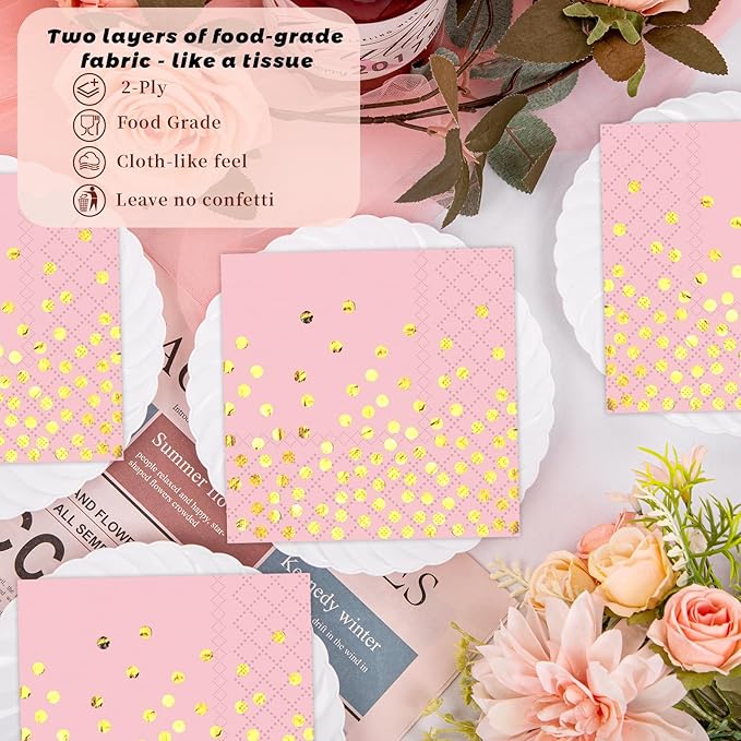 100 Pack 13x13 Inch Disposable Pink and Gold Paper Napkins for Wedding,Birthday,Party