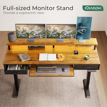 AODK Electric Standing Desk with Drawers & Keyboard Tray, 63 Inch Height Adjustable Gaming Desk with Power Outlets & LED Lights, Sit Stand Table with Monitor Stand for Home, Office, Rustic Brown
