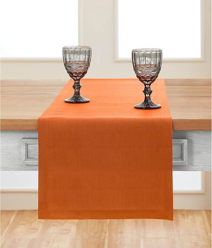 Solino Home Linen Pumpkin Table Runner 60 Inches - 100% Pure Linen Farmhouse Short Table Runner 14 x 60 Inch Ideal for Dresser and Coffee Tables - Fete - Fall, Autumn, Holiday