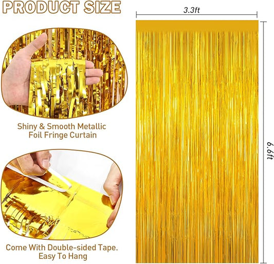 Gold Tinsel Backdrop Foil Fringe Curtains - 2 Packs Door Streamers Backdrop for Birthday Door Decorations, Party Supplies for Bachelorette, Graduation, Christmas, Disco Decor