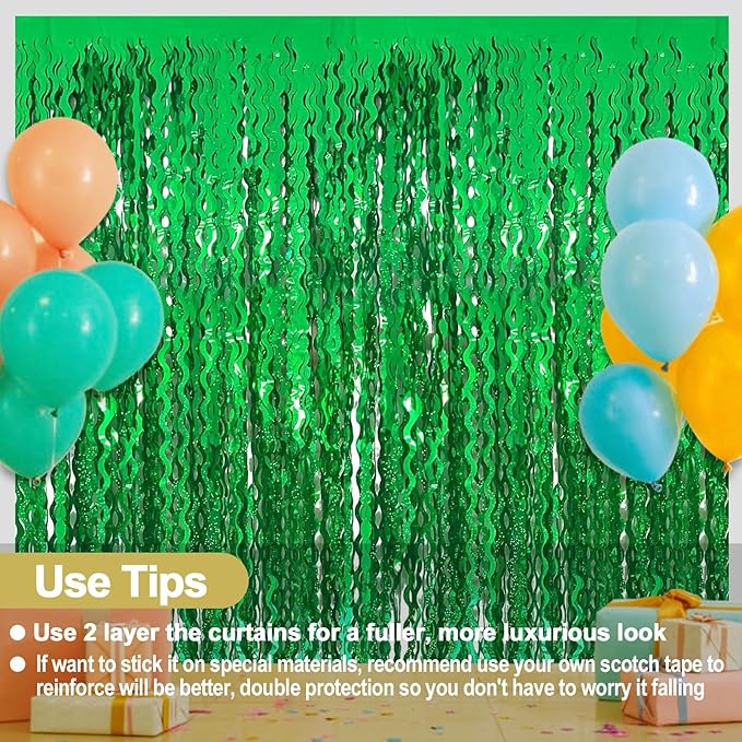 4 Pack Green Fringe Curtain Backdrop 3.2Ft x 8.2Ft Metallic Tinsel Foil Fringe Streamers Background for Photo Booth, Easter, Mother's Day, Bachelorette, Wedding, Birthday Party Decoration