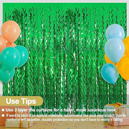 4 Pack Green Fringe Curtain Backdrop 3.2Ft x 8.2Ft Metallic Tinsel Foil Fringe Streamers Background for Photo Booth, Easter, Mother's Day, Bachelorette, Wedding, Birthday Party Decoration