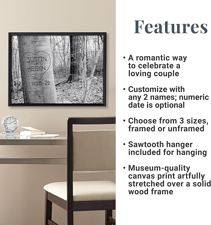 Let's Make Memories Personalized Canvas Wall Art For Couples - Engagement, Wedding, Newlyweds, Anniversary - Home Decor - Carved Heart B&W - Framed Canvas - 11x14