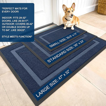 OLANLY Front Door Mat Indoor Outdoor Entrance, Waterproof All-Season, All-Weather Doormat, Sturdy Natural Rubber, Fade Resistant, Low Profile, Easy Clean Patio Porch Entryway Mat, 47x17, Blue