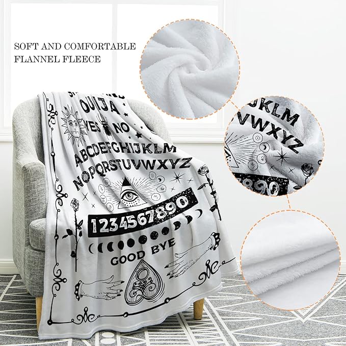 Jekeno Ouija Board Blanket Gifts for Women Men Kids Girls Boys Halloween Christmas Home Bedroom Living Room Decor Soft Comfort Lightweight Throw Blankets White 60"x80"
