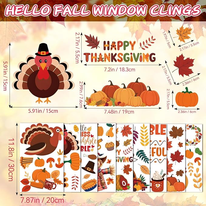 Thanksgiving Window Clings, Fall Decorations for Home, Turkey Pumpkin Stickers Decor, Cute Autumn Decals for Glass Windows, 9 Sheets