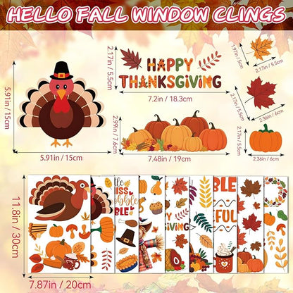 Thanksgiving Window Clings, Fall Decorations for Home, Turkey Pumpkin Stickers Decor, Cute Autumn Decals for Glass Windows, 9 Sheets