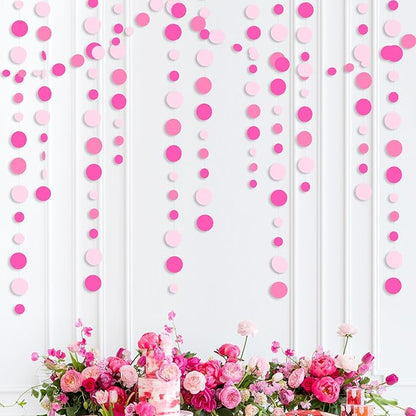 Hot Pink Party Decorations Circle Dots Garland Rose Pink White Hanging Paper Polka Dots Streamer for Birthday Bachelorette Engagement Wedding Baby Bridal Shower Anniversary Minnie Theme Party Supplies
