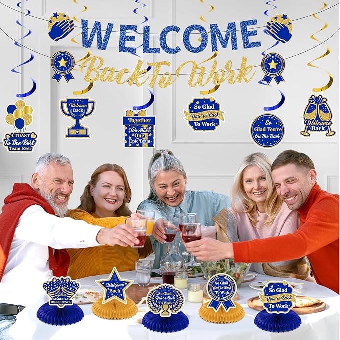 12pcs Welcome Back to Work Decorations Office Blue Gold So Glad You're Back To Work Banner and Hanging Swirls Table Centerpieces Office Party Supplies for Indoors Outdoors