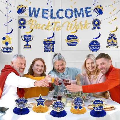 12pcs Welcome Back to Work Decorations Office Blue Gold So Glad You're Back To Work Banner and Hanging Swirls Table Centerpieces Office Party Supplies for Indoors Outdoors