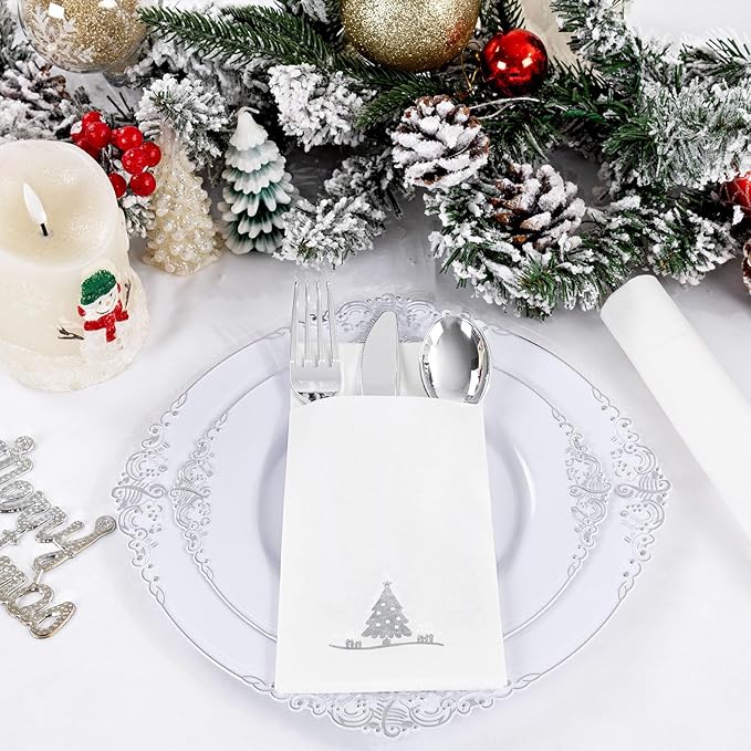 100PCS Christmas Paper Napkins - Silver Christmas Tree Napkin with Built-in Flatware Pocket Prefolded Cloth-Like - Heavy-duty Linen-Feel Dinner Napkins Disposable for Xmas Tableware Decor