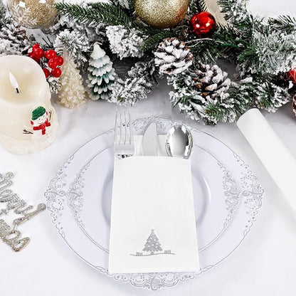 100PCS Christmas Paper Napkins - Silver Christmas Tree Napkin with Built-in Flatware Pocket Prefolded Cloth-Like - Heavy-duty Linen-Feel Dinner Napkins Disposable for Xmas Tableware Decor