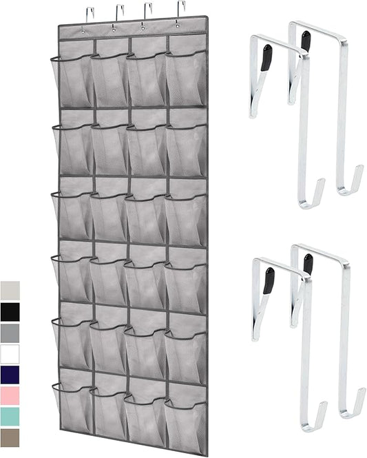 GORILLA GRIP Over the Door Shoe Organizer, 24 Large Breathable Mesh Pockets, Space Saving Hanging Storage Holder, Closet Rack Hanger Holds Up to 40 lbs, Hangs on Closets for Shoes, Accessories, Grey