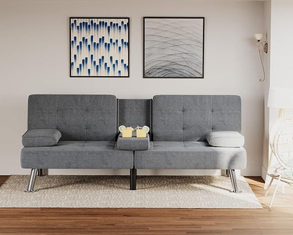 Flamaker Futon Sofa Bed Modern Folding Futon Set Linen Fabric Convertible Recliner Lounge for Living Room with 2 Cup Holders, Removable Armrests (Fabric, Grey)