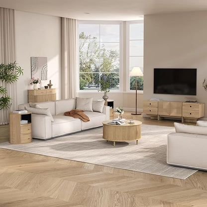 Round Coffee Table with Storage, 31.5" Natural Oak Fluted Center Table with Sliding Door, Modern Circle Drum Table for Living Room, Scandi Wood Furniture for Small Spaces