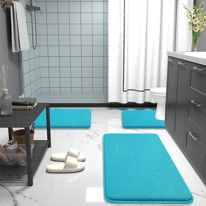 OLANLY Thick Memory Foam Bath Mats Rugs 44x24, Extra Soft Absorbent Bathroom Rug, Quick Dry Bath Mat, Non-Slip, Machine Washable Carpet for Bathroom, Tub and Shower, Home Decor Accessories, Aqua Sky