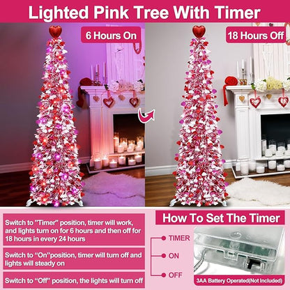 Valentines Day Decorations 5 Ft Valentine's Day Tree with Timer 50 Red & Pink Lights 3 Color Sequin Heart Ornaments Heart Topper Battery Operated Tinsel Pop Up Christmas Tree Home Party Indoor Decor