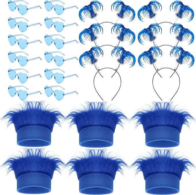 Yunsailing 24 Pcs Blue Hairy Costume for Women Ponytails Hairy Headband Feathers Heart Shape Sunglasses Outfits for Men(Blue)