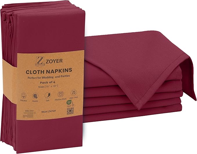 Zoyer Cloth Napkins Set of 4, 18x18 Inches Cotton Enrich Napkins Cloth ‎Washable, Soft & Durable Dinner Napkins for Parties, Wedding, Christmas, ‎Thanksgiving & Everyday Use - Burgundy
