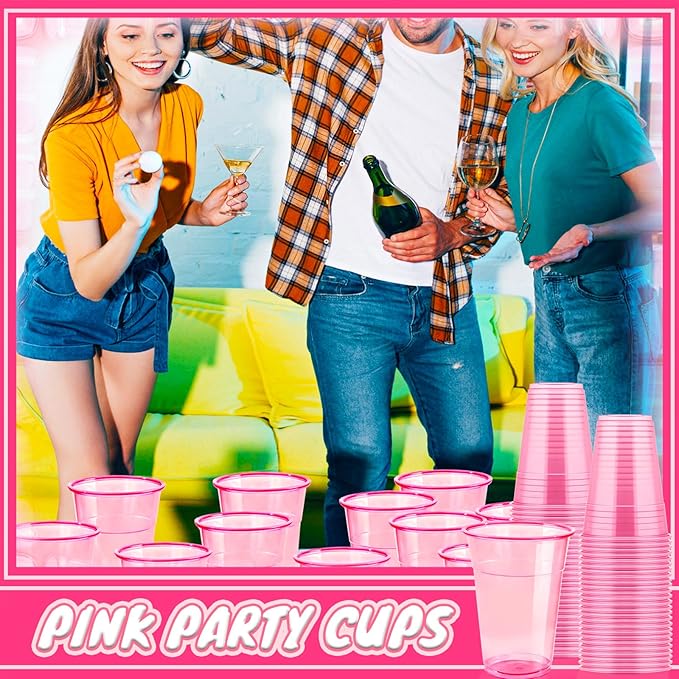 Haawooky 100 Pcs 16 oz Disposable Pink Plastic Cups,Neon Glowing Plastic Party Cups,Bulk Pink Clear Wine Glasses for Valentines Birthday Wedding Bachelorette Party