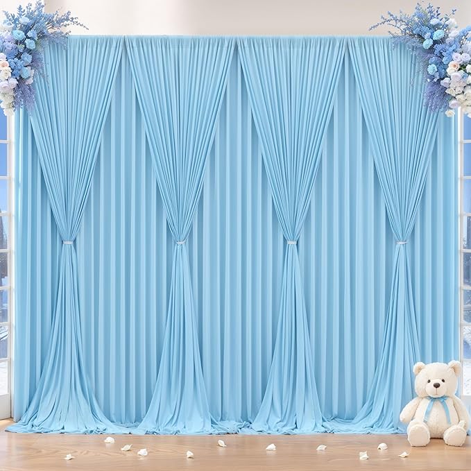 32 x 10ft Baby Blue Backdrop Curtain for Baby Shower Blue Photo Backdrop Curtains Wrinkle Free Drapes for Backdrop Soft Long Curtains for Backdrop Decoration Birthday Parties Wedding Baptism, 8 Panels
