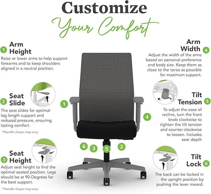 HON Ignition 2.0 Mid Back Task Chair, Spectrum Mesh, Standard Synchro-Tilt Control, Office Chair with Lumbar Support, Height and Width Adjustable Arms, Titanium Frame, Onyx