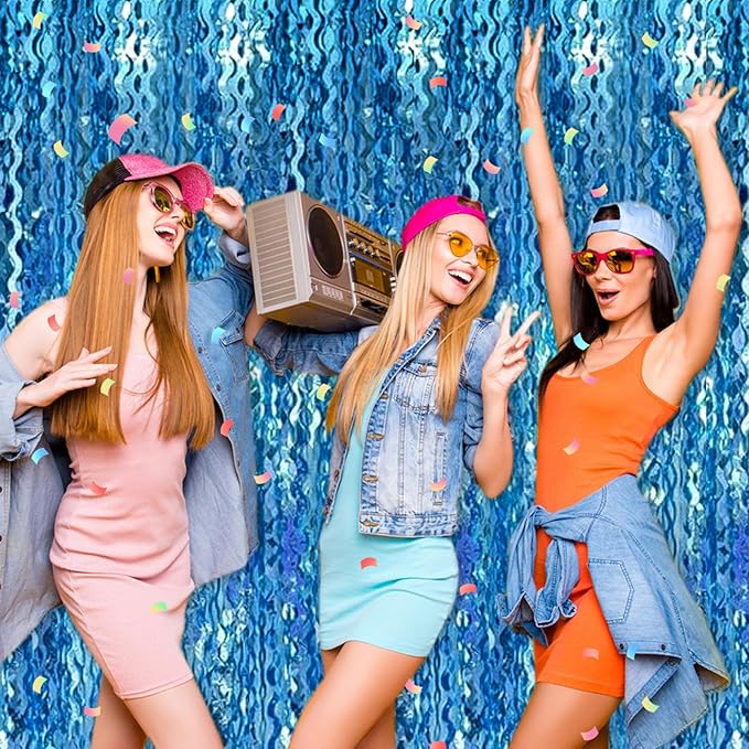 4 Pack Lake Blue Fringe Curtain Backdrop 3.2Ft x 8.2Ft Metallic Tinsel Foil Fringe Streamers Background for Photo Booth Mother's Day, Easter, Carnival, Birthday, Wedding Party Decoration