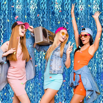 4 Pack Lake Blue Fringe Curtain Backdrop 3.2Ft x 8.2Ft Metallic Tinsel Foil Fringe Streamers Background for Photo Booth Mother's Day, Easter, Carnival, Birthday, Wedding Party Decoration