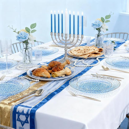 SUT 100Pcs Blue Plastic Plates, Hammered Plates Disposable Heavy Duty, Blue Disposable Plates With Gold Rim, Fancy Plastic plates Include 50 Dinner and 50 Dessert plates for Wedding