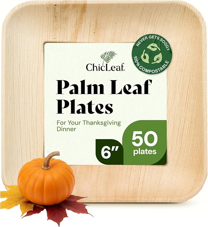 Chic Leaf Palm Leaf Compostable Plates - 6" Square, Pack of 50 - Disposable Dinnerware for Thanksgiving Dinner, Rustic Bamboo Appetizer Plates - Charcuterie Boards & Biodegradable Serviceware