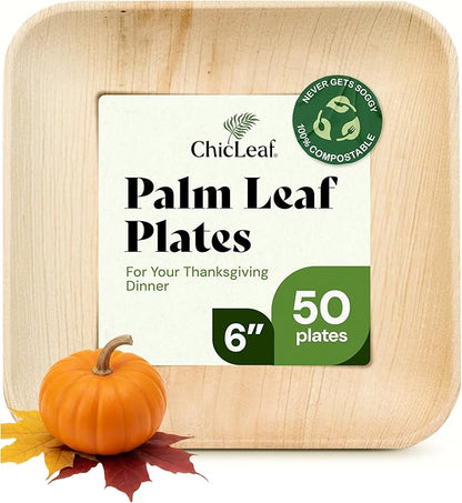 Chic Leaf Palm Leaf Compostable Plates - 6" Square, Pack of 50 - Disposable Dinnerware for Thanksgiving Dinner, Rustic Bamboo Appetizer Plates - Charcuterie Boards & Biodegradable Serviceware