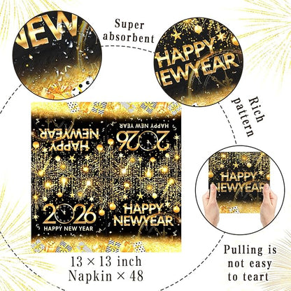 48 Pcs Happy New Year Napkins 2026 New Years Eve Party Supplies Black Gold Disposable New Year Paper Napkin for New Years Table Decorations