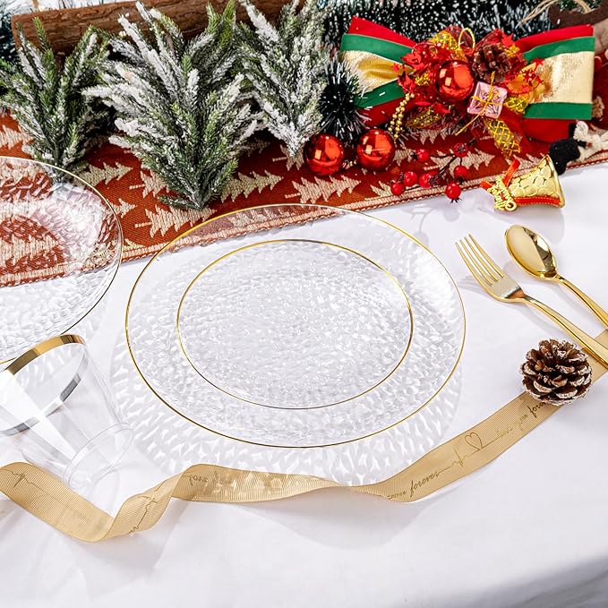Rubtlamp 60Pcs Clear Plastic Plates,Clear Disposable Plates With Gold Rim,Heavy-duty Gold Plates,Hammered Party Plates Include 30Clear Dessert-Platos,30Dinner-Platos for Wedding, Party&Christmas