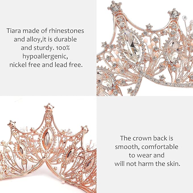COCIDE Rose Gold Tiara and Crown for Women Crystal Headband for Girls Mermaid Queen Head Band Princess Hair Accessories for Birthday Party Bride Wedding Prom Halloween Costume Cosplay