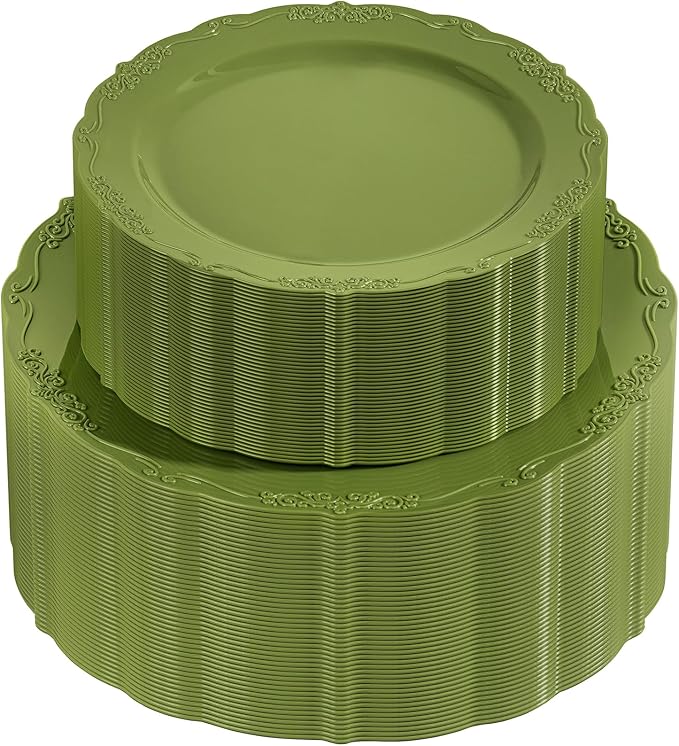 U-QE 100PCS Olive Green Plastic Plates - Plastic Green Plates Disposable Heavy Duty - Olive Disposable Plates for Party Including 50PCS 10'' Dinner & 50PCS 7.5'' Dessert